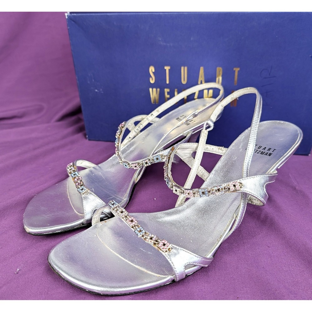 Stuart Weitzman Julina Elegant Silver Strappy Sandal Heels Spain Rhinestone toe